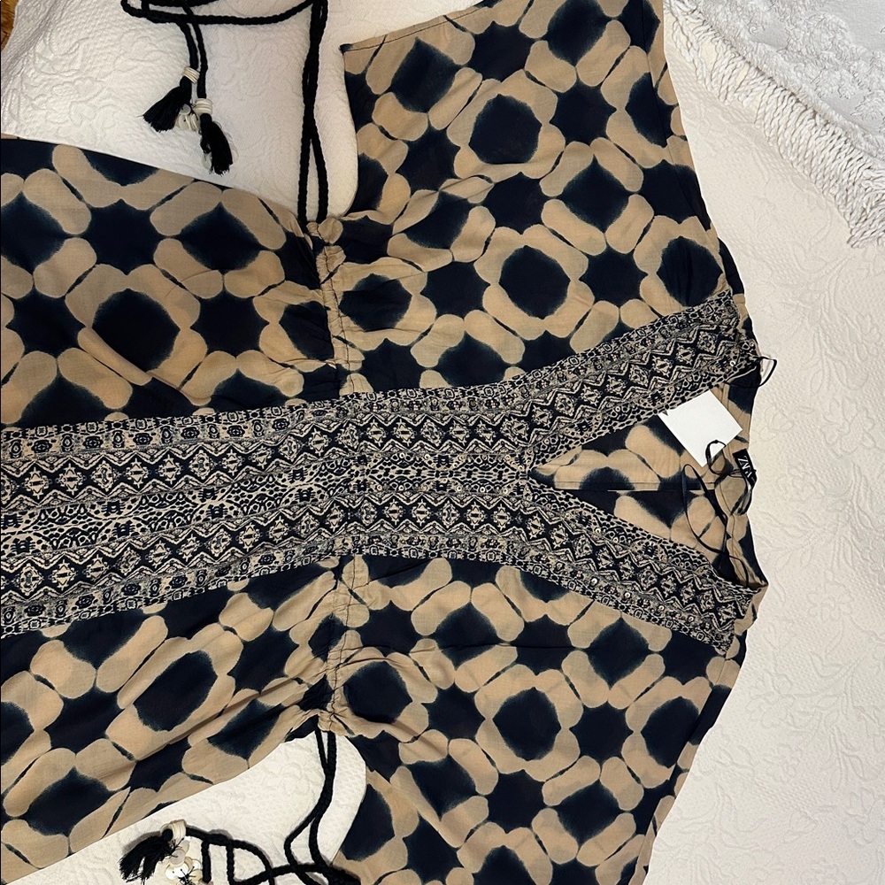 Printed Kaftan Dress. Chic Black and Cream oversized XS- S. - Picture 11 of 12